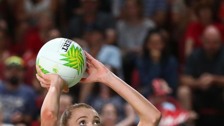 Helen Housby of England shoots during Netball match between England and Uganda on day four of the Gold Coast 2018 Commonwealth Games at Gold Coast Convention Centre on April 8, 2018 on the Gold Coast, Australia