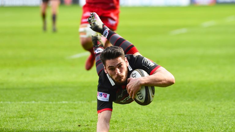 Edinburgh Rugby's Sam Hidalgo-Clyne celebrates his first try of the match against Scarlets