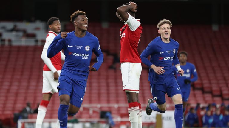 Callum Hudson-Odoi celebrates slotting home for Chelsea in the 4-0 win