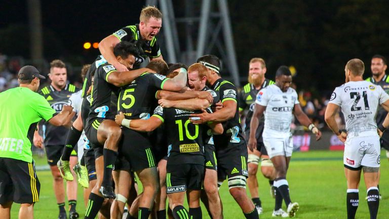 Super Rugby, McLean Park, Napier, New Zealand 6/4/2018 .Hurricanes vs Sharks.Hurricanes' Ngani Laumape celebrates scoring a late try to win his team the game with teammates.Mandatory Credit ..INPHO/Photosport/Corena Hodgson