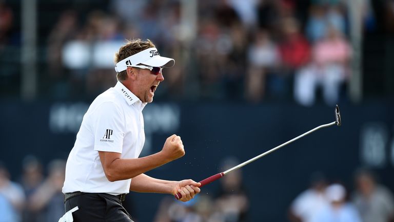 Ian Poulter celebrates after winning the Houston Open