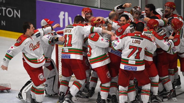 Cardiff Devils players celebrate after beating Sheffield Steelers in the Elite Ice Hockey League play-off final