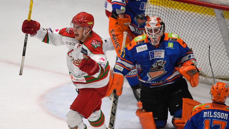 Mark Louis celebrates after Cardiff's second goal in the Elite Ice Hockey League play-off final