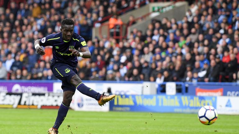 Idrissa Gueye scores Everton's second goal in the Premier League match against Huddersfield Town