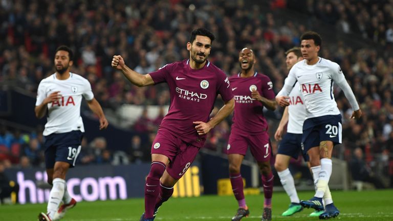 Ilkay Gundogan puts Manchester City 2-0 up during the Premier League match against Tottenham Hotspur at Wembley Stadium on April 14, 2018