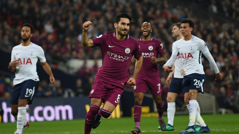 Ilkay Gundogan celebrates after scoring for Manchester City against Tottenham