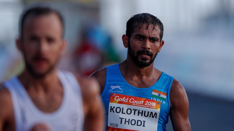 India's Irfan Kolothum Thodi competes in the athletic's men's 20m race walk final 