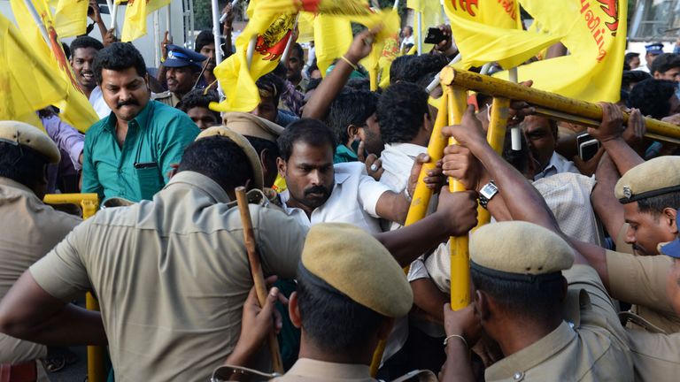 Indian members of the Tamil ethnic group try to enter the MA Chidhambram cricket stadium amid ongoing protests over water rights in Chennai