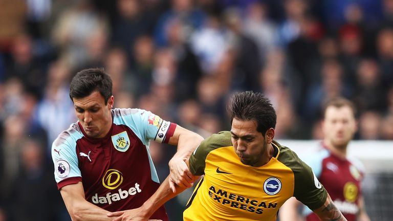 Jack Cork battles for possession with Leonardo Ulloa at Turf Moor on April 28, 2018