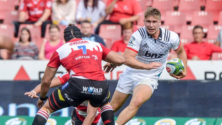 JOHANNESBURG, SOUTH AFRICA - APRIL 01: Jack Goodhue of the Crusaders with possession during the Super Rugby match between Emirates Lions and Crusaders at Emirates Airline Park on April 01, 2018 in Johannesburg, South Africa. (Photo by Sydney Seshibedi/Gallo Images)