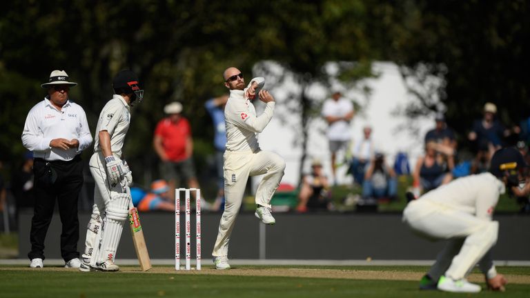 Jack Leach during day two of the Second Test Match between the New Zealand Black Caps and England at Hagley Oval on March 31, 2018 in Christchurch, New Zealand.
