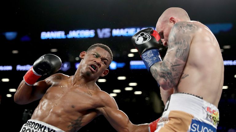Daniel Jacobs of the USA       Maciej Sulecki of Poland during their WBA World Middleweight Title bout at Barclays Center on April 28, 2018 in the Brooklyn borough of  New York City.