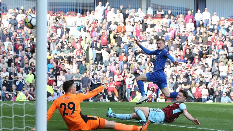 Jamie Vardy pulls a goal back for Leicester City during the Premier League match against Burnley at Turf Moor on April 14, 2018