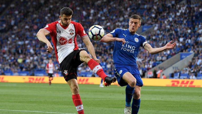 Southampton's Wesley Hoedt and Leicester's Jamie Vardy at the King Power Stadium
