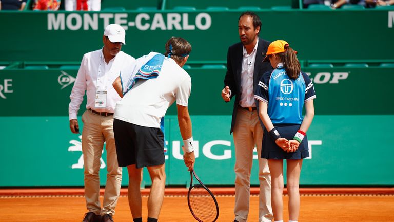 Jared Donaldson of the USA argues with umpire Arnaud Gabas of France in his match against Albert Ramos-Vinolas of Spain during day two of ATP Masters Series: Monte Carlo Rolex Masterat Monte-Carlo Sporting Club on April 16, 2018 in Monte-Carlo, Monaco. 