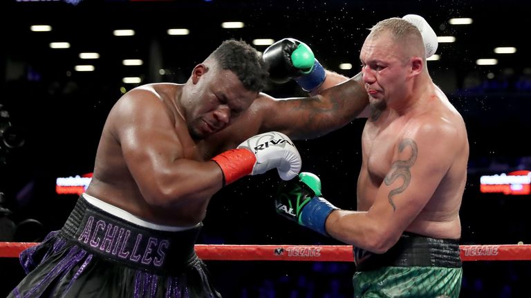 Jarrell "Big Baby" Miller of the United States Johann Duhaupas of France during their WBA Heavyweight match at Barclays Center on April 28, 2018 in the Brooklyn borough of  New York City.