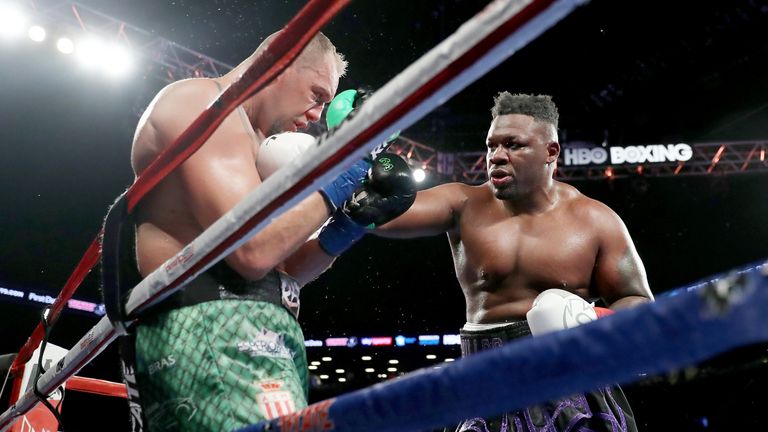 Jarrell "Big Baby" Miller of the United States Johann Duhaupas of France during their WBA Heavyweight match at Barclays Center on April 28, 2018 in the Brooklyn borough of  New York City.