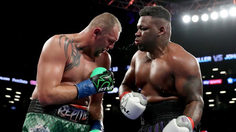 Jarrell "Big Baby" Miller of the United States Johann Duhaupas of France during their WBA Heavyweight match at Barclays Center on April 28, 2018 in the Brooklyn borough of  New York City.