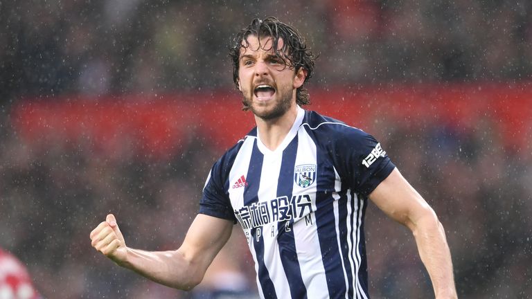 Jay Rodriguez of West Bromwich Albion celebrates after scoring his side's first goal with his team-mates during the Premier League match v Manchester United at Old Trafford