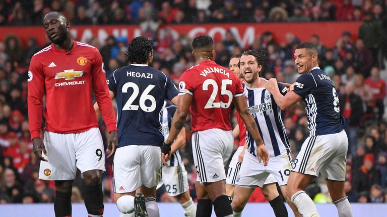 Jay Rodriguez celebrates his goal during the Premier League match between Manchester United and West Bromwich Albion at Old Trafford on April 15, 2018 in Manchester, England.