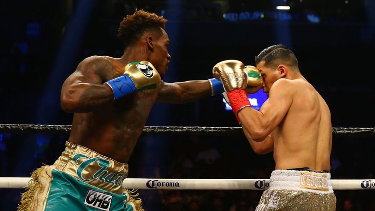 NEW YORK, NY - APRIL 21:  Jermall Charlo punches Hugo Centeno Jr. during their WBC Interim Middleweight Championship bout at Barclays Center on April 21, 2018 in New York City.  (Photo by Mike Stobe/Getty Images)