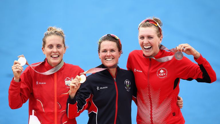 L-R) Silver medalist Jessica Learmonth of England, gold medalist Flora Duffy of Bermuda and bronze medalist Joanna Brown of Canada