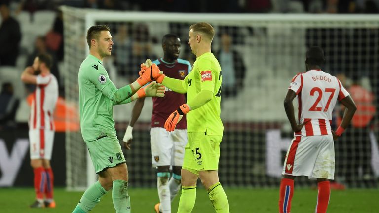 Joe Hart and Jack Butland  during the Premier League match between West Ham United and Stoke City at London Stadium 