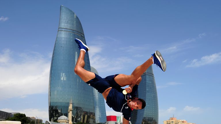 Joe Joyce of Great Britain poses with his gold medal from the Men's Boxing Super Heavyweight (+91kg) Final at Dagustu Park on June 27, 2015 in Baku, Azerbaijan.