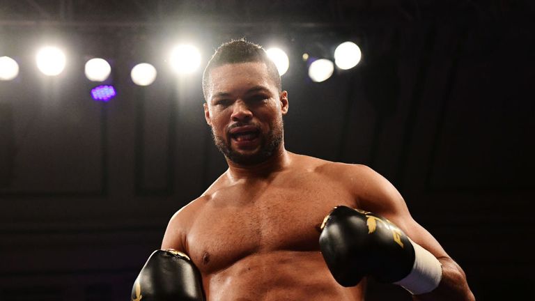 Joe Joyce celebrates after beating Donnie Palmer during their Heavyweight fight at York Hall on March 17, 2018