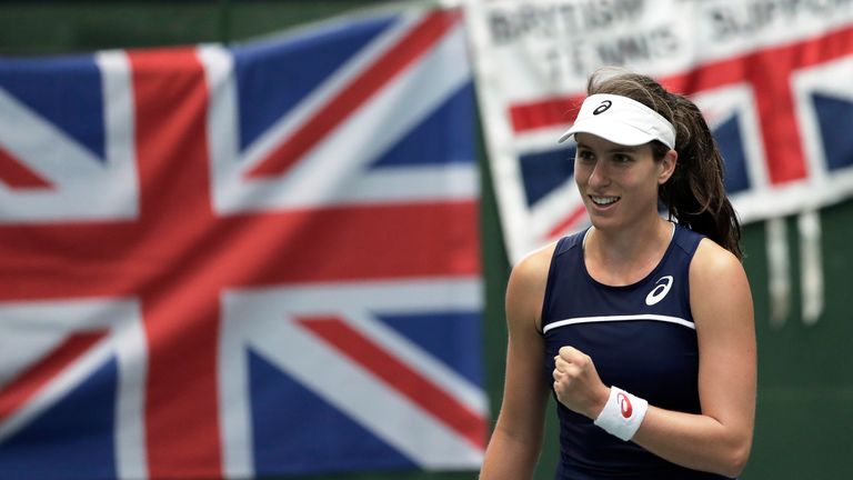 Johanna Konta of Great Britain celebrates a point in her singles match against Kurumi Nara of Japan during day one of the Fed Cup World Group II Play-Off between Japan and Great Britain at Bourbon Beans Dome on April 21, 2018 in Miki, Hyogo, Japan