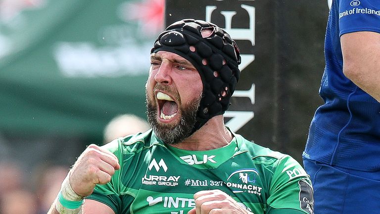 Connacht's John Muldoon celebrates Kieran Marmion's try.