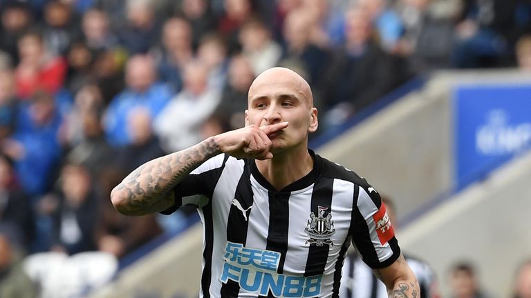 Jonjo Shelvey celebrates after giving Newcastle the lead at The King Power Stadium