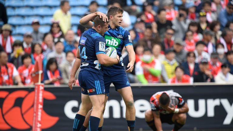 Jordan Hyland celebrates his try in the tight victory over the Sunwolves in Japan