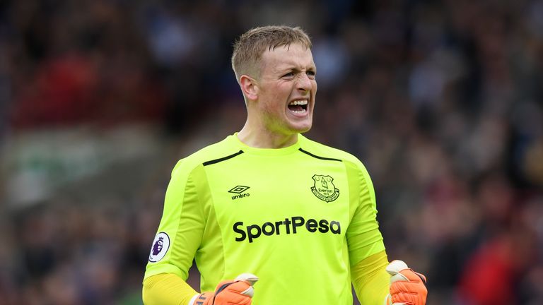 Everton goalkeeper Jordan Pickford celebrates against Huddersfield