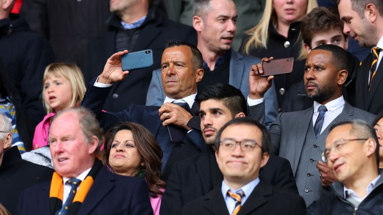Football agent Jorge Mendes takes a photo during the Sky Bet Championship match between Wolverhampton Wanderers and Birmingham City at Molineux on April 15, 2018