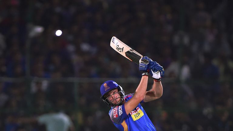 Jos Buttler cracks one of two sixes in his enterprising innings for Rajasthan Royals (Credit: AFP)