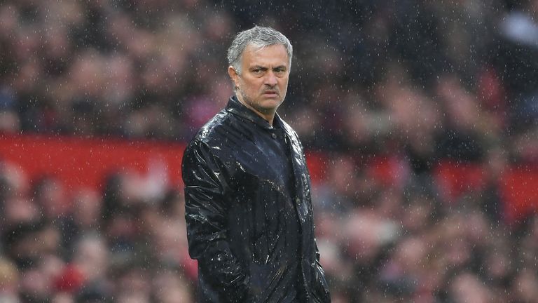 Jose Mourinho looks dejected during the Premier League match between Manchester United and West Bromwich Albion at Old Trafford on April 15, 2018