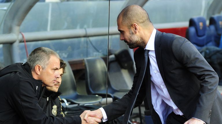 Jose Mourinho and Pep Guardiola shake hands before El Clasico between Real Madrid and Barcelona at the Camp Nou in April 2012