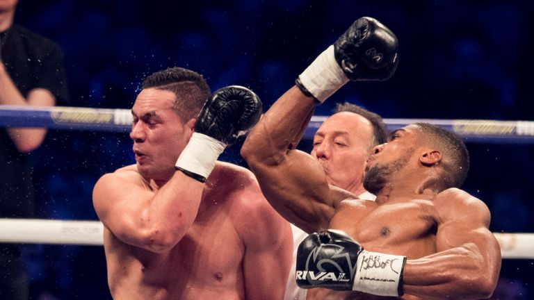 Anthony Joshua and Jospeh Parker ,  IBF,WBA, WBA Super, IBO and WBO Heavyweight, Championship Fight, Principality Stadium..31st March 2018.Picture By Mark Robinson..