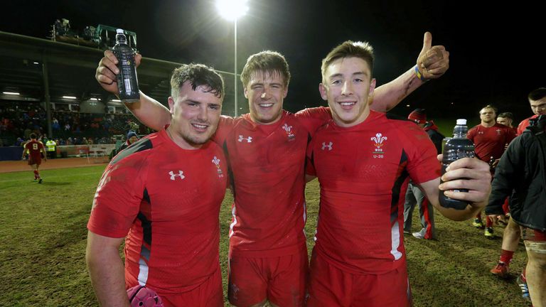 RBS Under-20 Six Nations Championship, Parc Eirias, Colwyn Bay, Wales 13/3/2015.Wales U20s vs Ireland U20s.Wales' Keagan Bale, Jordan Viggers and Josh Adams celebrate winning.Mandatory Credit ..INPHO/Morgan Treacy