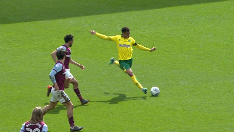 Josh Murphy strikes the ball from long range to give Norwich City the lead over Aston Villa