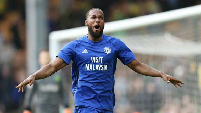 Cardiff City's Junior Hoilett celebrates scoring his side's second goal of the game during the Sky Bet Championship match at Carrow Road