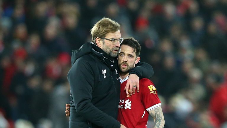 Jurgen Klopp and Danny Ings during The Emirates FA Cup Fourth Round match between Liverpool and West Bromwich Albion at Anfield