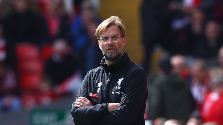 Jurgen Klopp on the Anfield touchline during the Premier League match between Liverpool and Stoke City