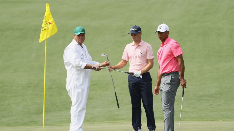 during a practice round prior to the start of the 2018 Masters Tournament at Augusta National Golf Club on April 2, 2018 in Augusta, Georgia.