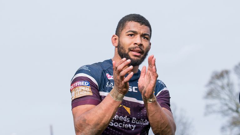 Picture by Allan McKenzie/SWpix.com - 08/04/2018 - Rugby League - Betfred Super League - Wakefield Trinity v Leeds Rhinos - The Mobile Rocket Stadium, Wakefield, England - Leeds's Kallum Watkins thanks the fans for their support after his side's victory over Wakefield.