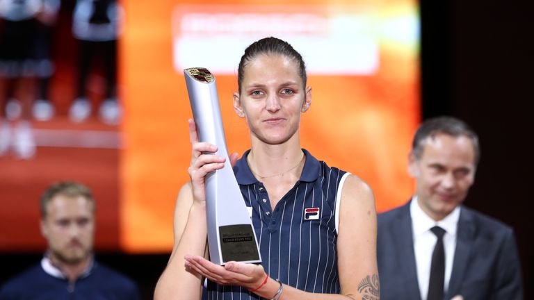 Karolina Pliskova of Czech Republic poses with the trophy after the singles final between Karolina Pliskova of Czech Republic and Coco Vandewghe of The United States on day 7 of the Porsche Tennis Grand Prix at Porsche-Arena on April 29, 2018 in Stuttgart, Germany