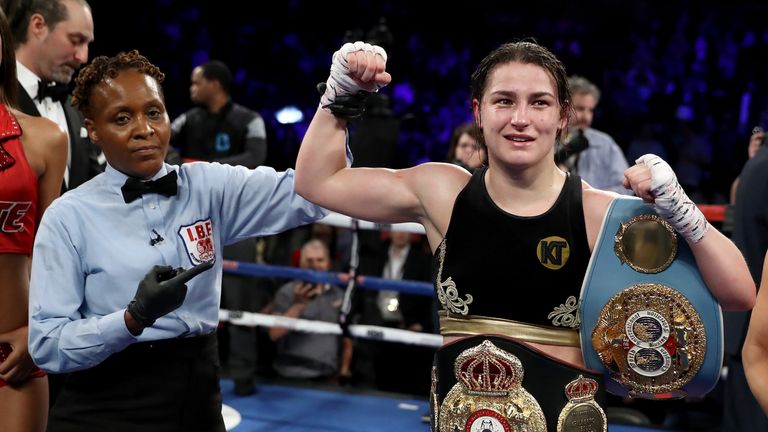 Katie Taylor of Ireland   Victoria Bustos of Argentina  during their WBA & IBF World Lightweight unification bout at Barclays Center on April 28, 2018 in the Brooklyn borough of  New York City.