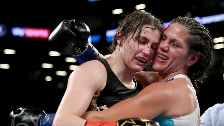 Katie Taylor of Ireland   Victoria Bustos of Argentina  during their WBA & IBF World Lightweight unification bout at Barclays Center on April 28, 2018 in the Brooklyn borough of  New York City.