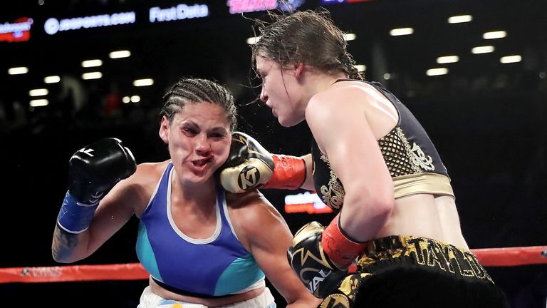 Katie Taylor of Ireland   Victoria Bustos of Argentina  during their WBA & IBF World Lightweight unification bout at Barclays Center on April 28, 2018 in the Brooklyn borough of  New York City.